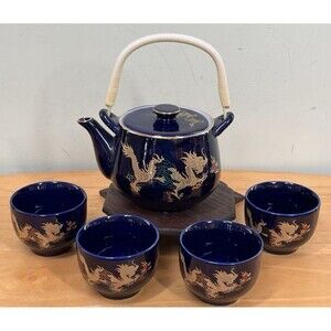 Japanese Cobalt Blue Porcelain Teapot & 4 Cups Gold-Painted Dragon Woven Handle